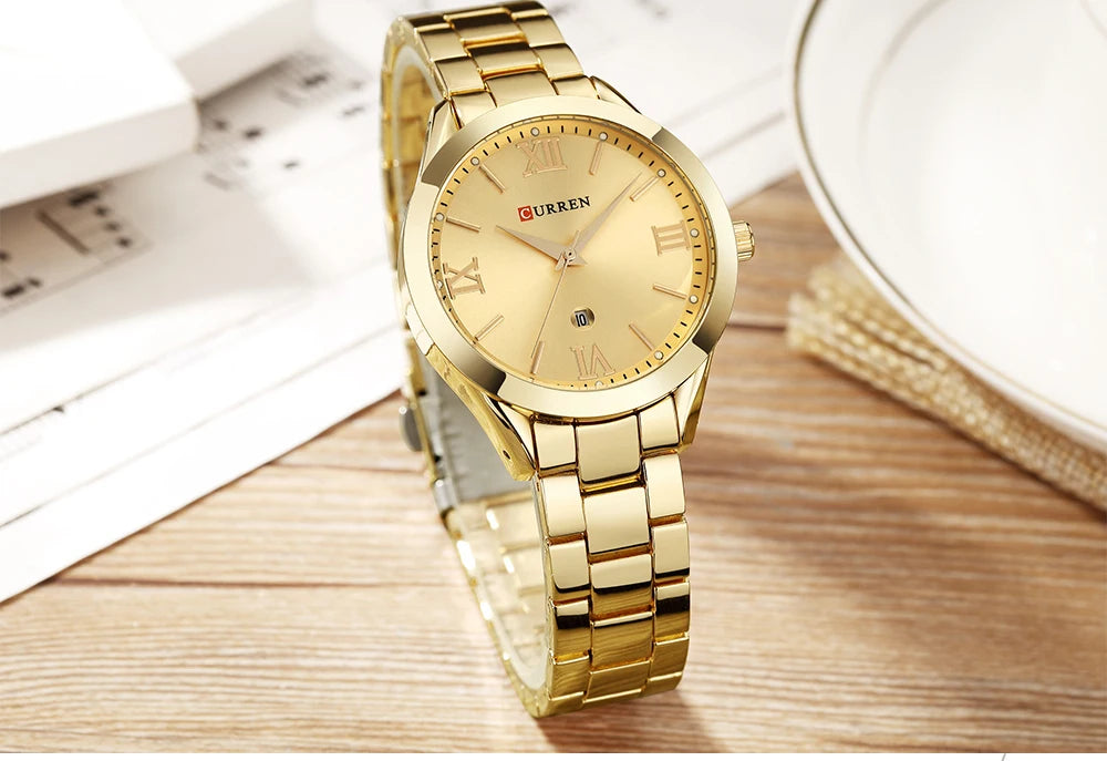 Women’s Luxury Gold Watch – Stainless Steel Bracelet Quartz Wristwatch (9007)