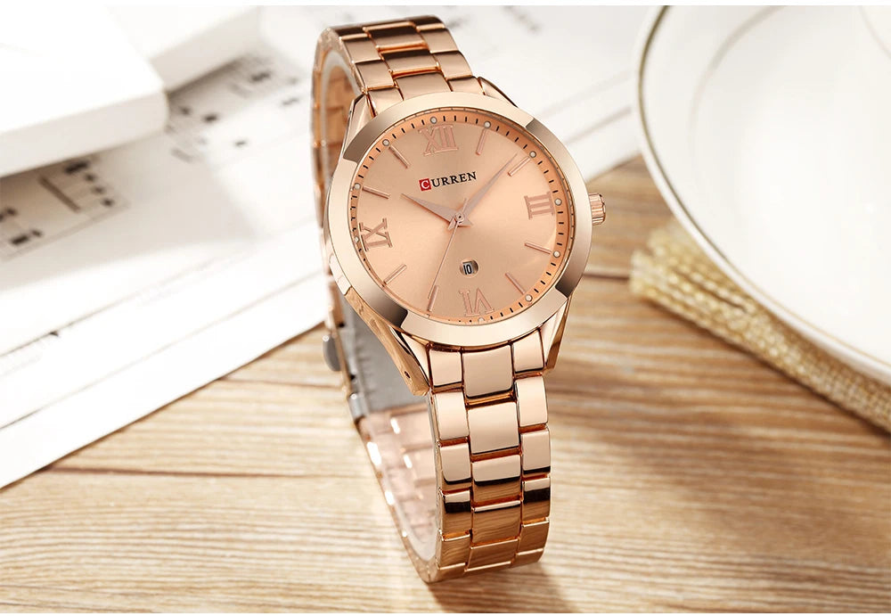 Women’s Luxury Gold Watch – Stainless Steel Bracelet Quartz Wristwatch (9007)