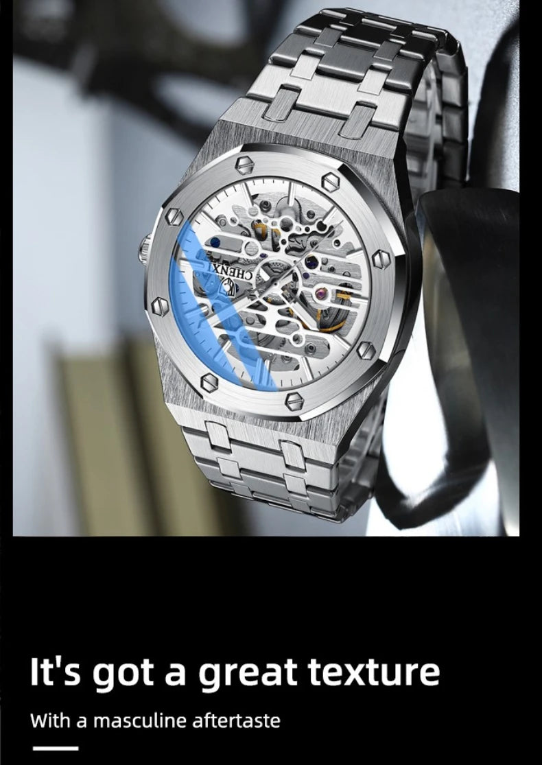 Men’s Luxury Automatic Watch – Waterproof Stainless Steel Mechanical Tourbillon for Business & Sports