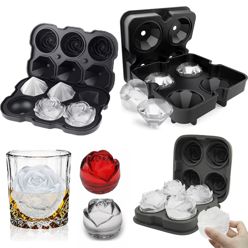 Luxury 3D Ice Mold Tray – Rose & Diamond Shapes for Whiskey, Cocktails & Parties